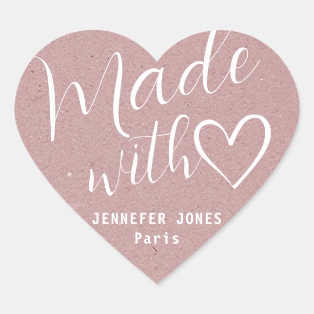 Kraft Paper Made with Love Heart Calligraphy Lilac Heart Sticker (Front)