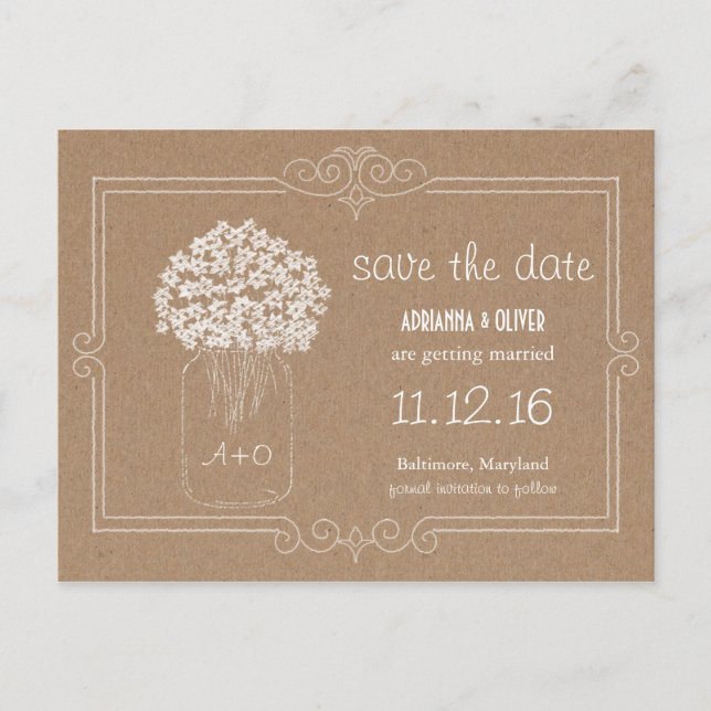 Kraft Paper Mason Jar Flowers Save The Date Announcement Postcard (Front)