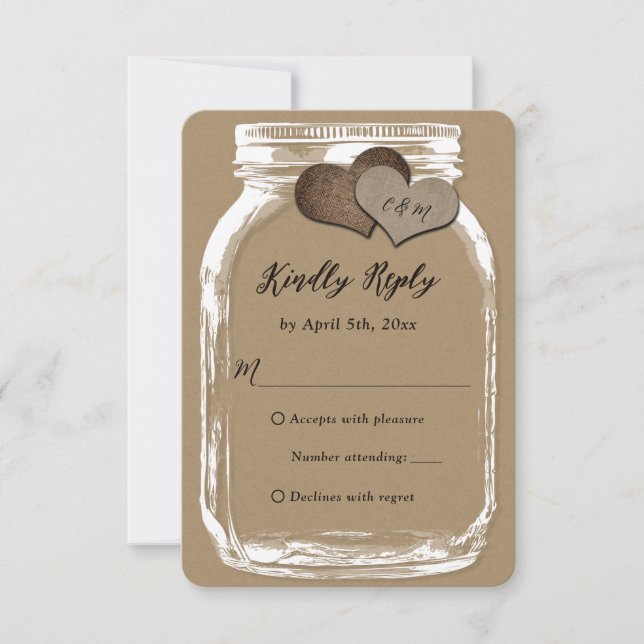 Kraft Paper Mason Jar Two Hearts Wedding RSVP (Front)