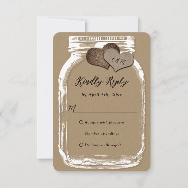 Kraft Paper Mason Jar Two Hearts Wedding RSVP Card (Front)