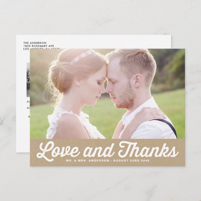 Kraft Paper Retro Script Photo Wedding Thank You Postcard (Front/Back)