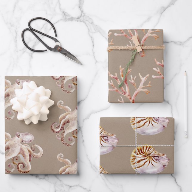 Kraft Paper Watercolor Octopus Coral Shell (Front)