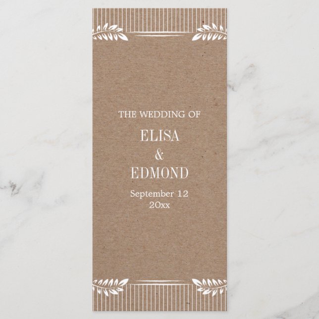 Kraft paper wedding program with white leaves (Front)