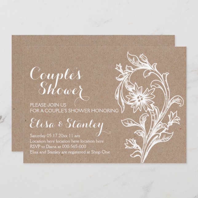 Kraft paper white floral wedding couples shower invitation (Front/Back)