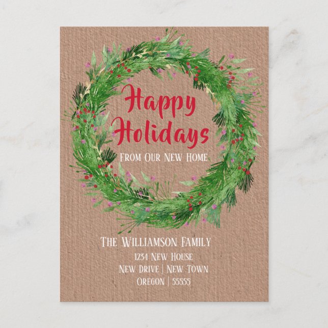 Kraft Paper Winter Greenery New Home Happy Holiday Postcard (Front)