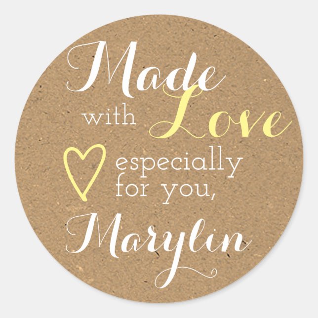 Kraft Paper Yellow Simple Made with Love Heart Classic Round Sticker (Front)