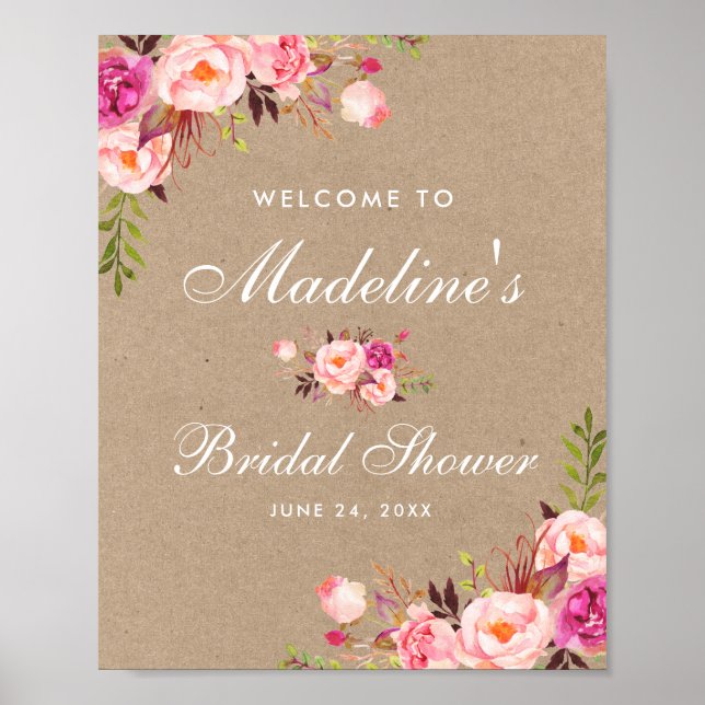 Kraft Pink Blush Floral Bridal Shower Welcome Poster (Front)