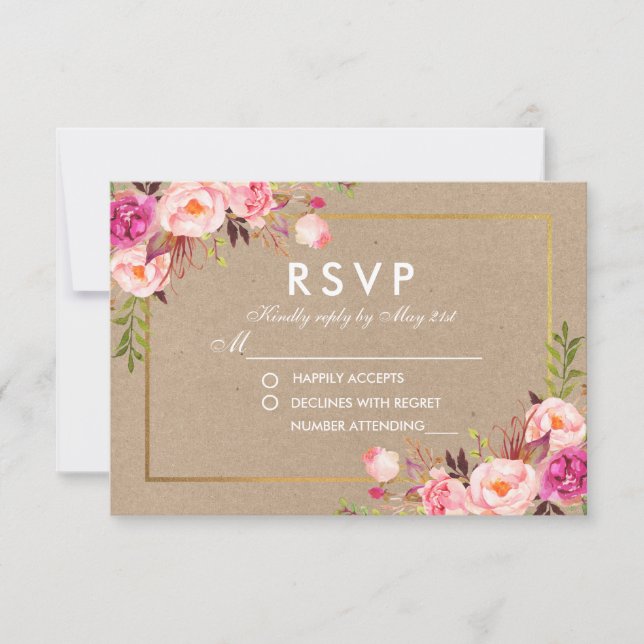 Kraft Pink Blush Floral Gold RSVP Wedding Card (Front)