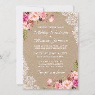 Kraft Pink Blush Floral Lace Wedding Invite