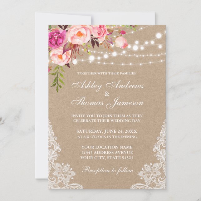 Kraft Pink Blush Floral Lights Lace Wedding Invite (Front)
