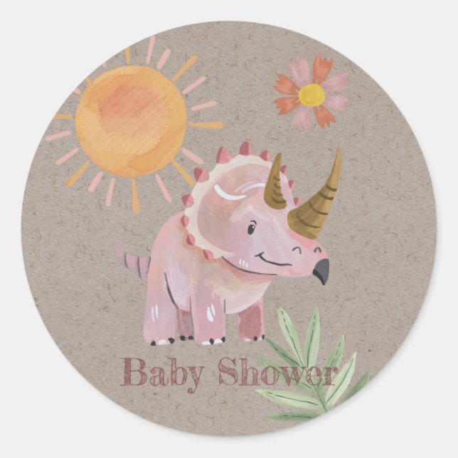Kraft Pink Dinosaur Painted Girl Baby Shower Classic Round Sticker (Front)
