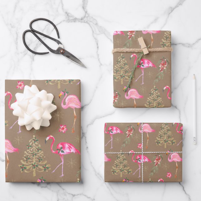 Kraft Pink Flamingos Mingling At A Christmas Party Wrapping Paper Sheet (Front)
