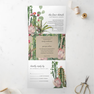 KRAFT PINK FLORAL CACTI FOLIAGE WATERCOLOR WEDDING Tri-Fold INVITATION