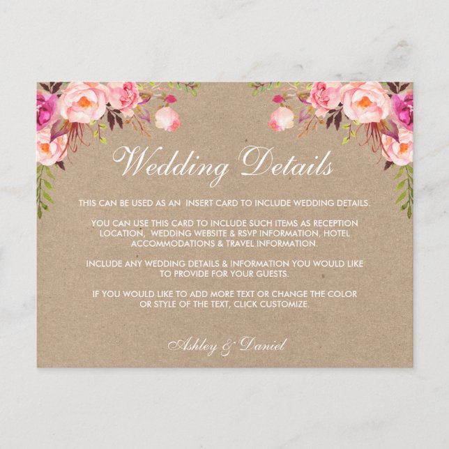 Kraft Pink Floral Wedding Details Insert Card (Front)