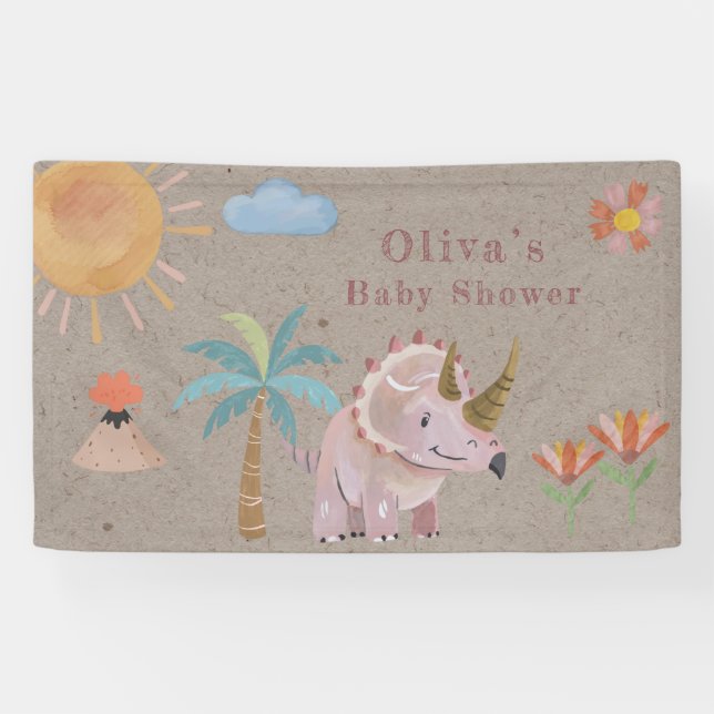 Kraft Pink Triceratops Dinisaur Girl Baby Shower Banner (Horizontal)