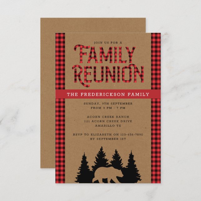 Kraft Plaid Bear Rustic Family Reunion Invitation (Front/Back)