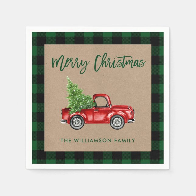 Kraft Plaid Brush Script Christmas Vintage Truck Napkin (Front)