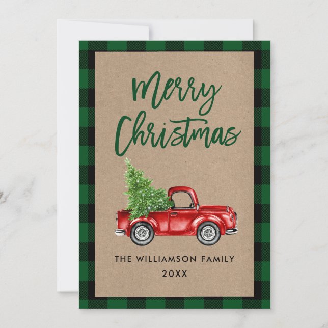 Kraft Plaid Brush Script Vintage Truck Christmas Holiday Card (Front)