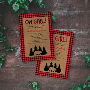 Kraft Plaid Oh Girl Rustic Baby Shower Invitation