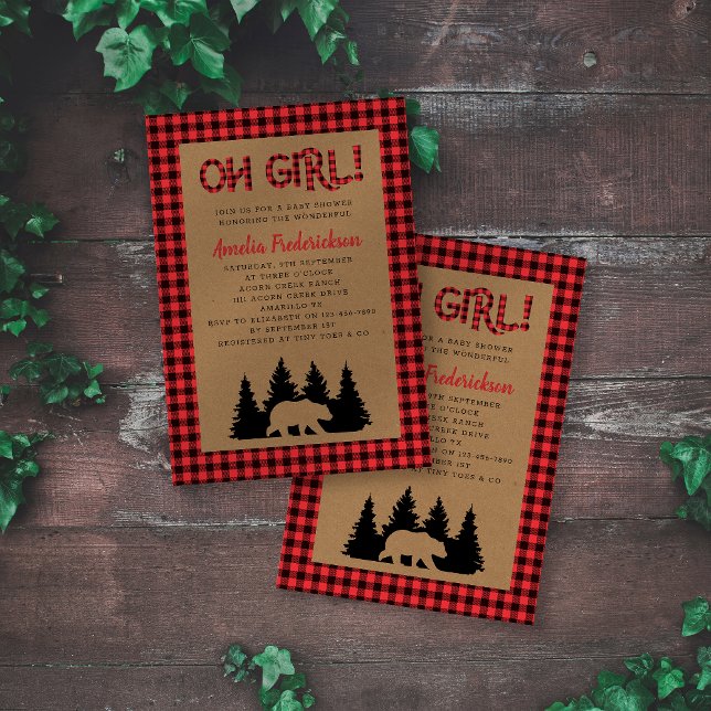 Kraft Plaid Oh Girl Rustic Baby Shower Invitation (Creator Uploaded)