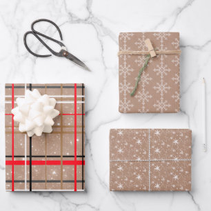 Kraft Plaid, Snowflakes and Stars  Wrapping Paper Sheet