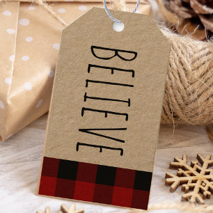 Kraft Red Buffalo Plaid & Believe Christmas Gift Tags