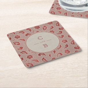 Kraft red Lace rustic country wedding monogram Square Paper Coaster