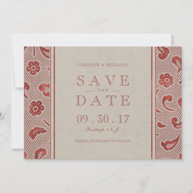Kraft red Lace rustic wedding save the date (Front)