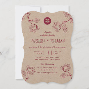 Kraft & Red Plum Blossoms 囍 Modern Asian Wedding Invitation