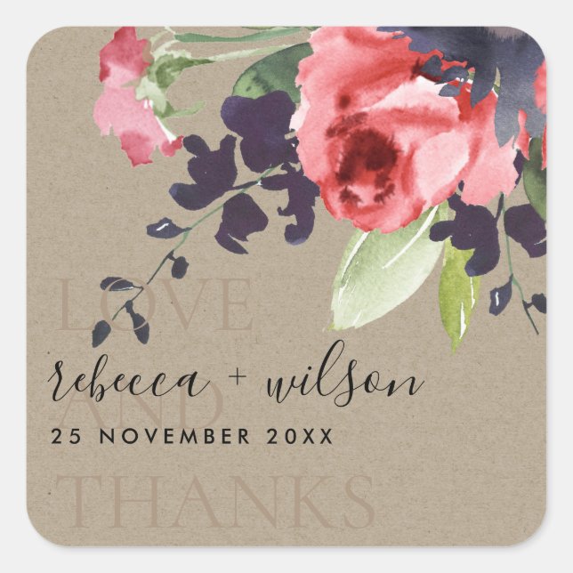 KRAFT RED ROSE FLORAL LOVE AND THANKS WEDDING SQUARE STICKER (Front)