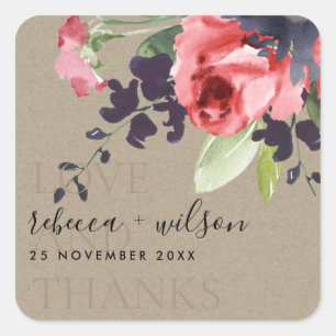KRAFT RED ROSE FLORAL LOVE AND THANKS WEDDING SQUARE STICKER