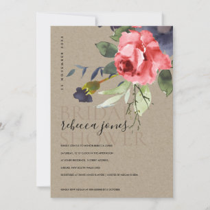 KRAFT RED ROSES EUCALYPTUS FLORAL BRIDAL SHOWER ANNOUNCEMENT