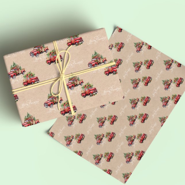 Kraft Red Truck Christmas Tree Merry Christmas  Wrapping Paper Sheet (Creator Uploaded)