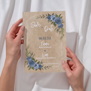 Kraft Rustic Blue Floral Wedding Save the Date Postcard