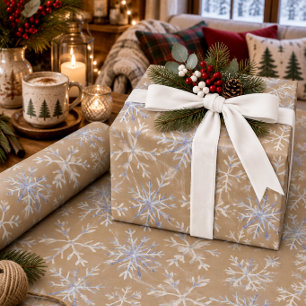 Kraft Rustic Hand-Drawn Icy Blue White Snowflakes Wrapping Paper