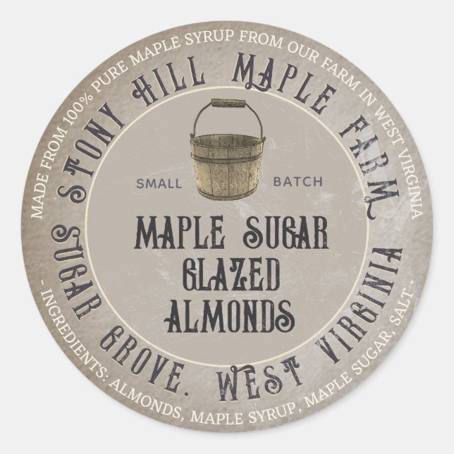 Kraft Rustic Kitchen Maple Sugar Glazed Almonds Classic Round Sticker (Front)