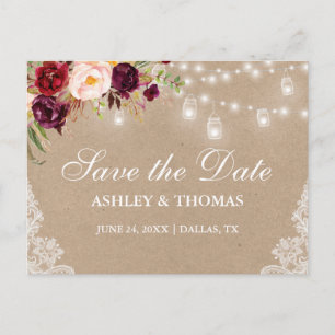 Kraft Rustic Lights Jars Lace Floral Save the Date Announcement Postcard