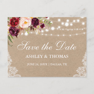 Kraft Rustic Lights Lace Floral Save the Date Announcement Postcard