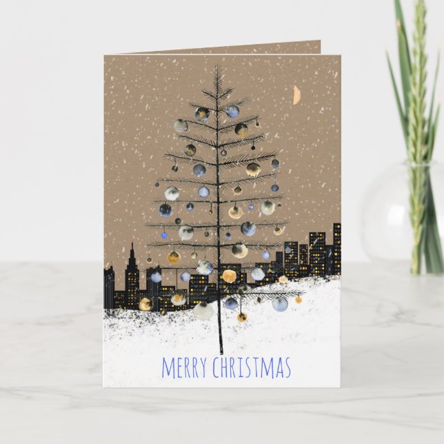 Kraft Rustic Metropolitan Sparse Christmas Tree Holiday Card (Front)