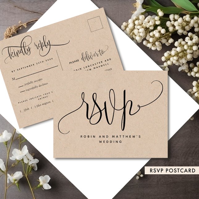 Kraft Rustic Style, Modern Script, RSVP Postcard (Creator Uploaded)