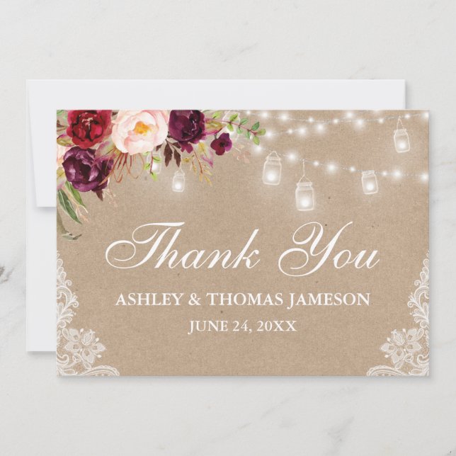 Kraft Rustic Wedding Floral Jar Lights Lace Thank You Card (Front)