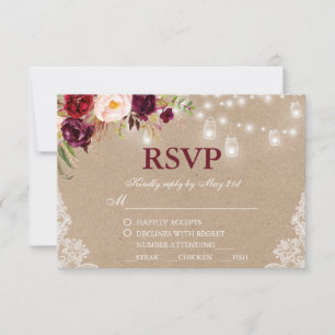 Kraft Rustic Wedding Jar Lights Lace Floral RSVP Card