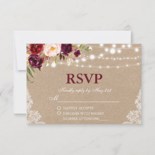 Kraft Rustic Wedding Lights Lace Floral RSVP B Card