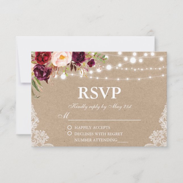 Kraft Rustic Wedding Lights Lace Floral RSVP Card (Front)