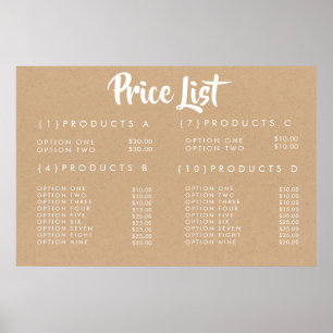 KRAFT Service Price Menu Custom Printed Poster