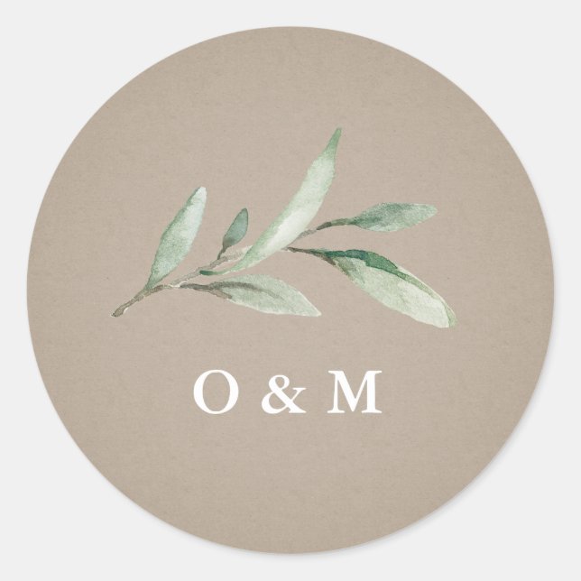 Kraft Simple rustic Greenery monogram Classic Round Sticker (Front)