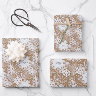 Kraft Snowflakes Personalised Three Names Winter Wrapping Paper Sheet