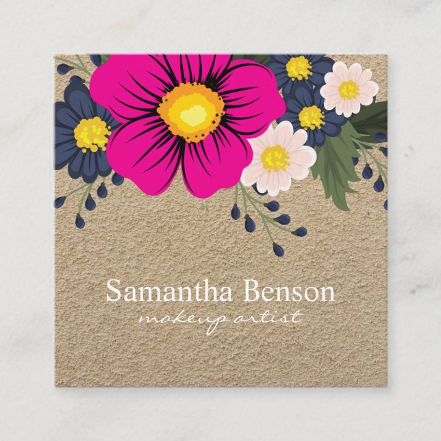 Kraft Square Rustic Watercolor Floral Square Business Card (Front)
