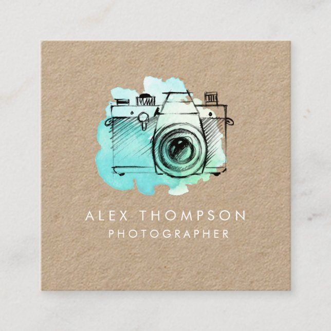 kraft Square Watercolor Camera Photographer Square Business Card (Front)