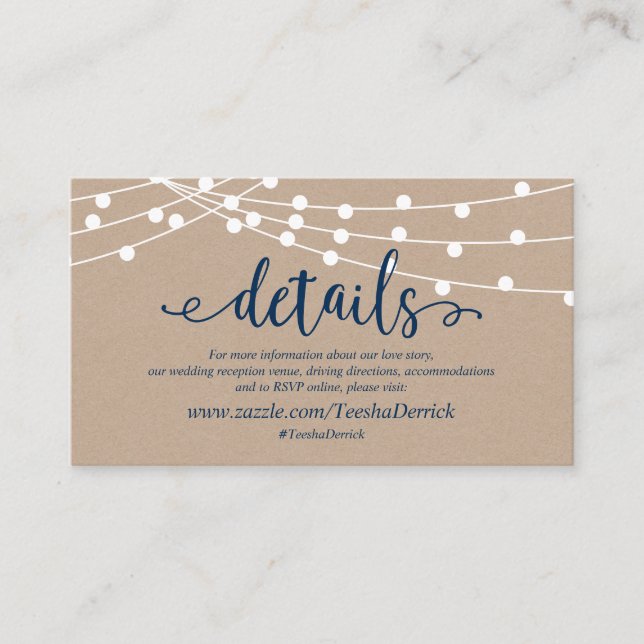 Kraft String Light, Navy Blue, Wedding Details Enclosure Card (Front)